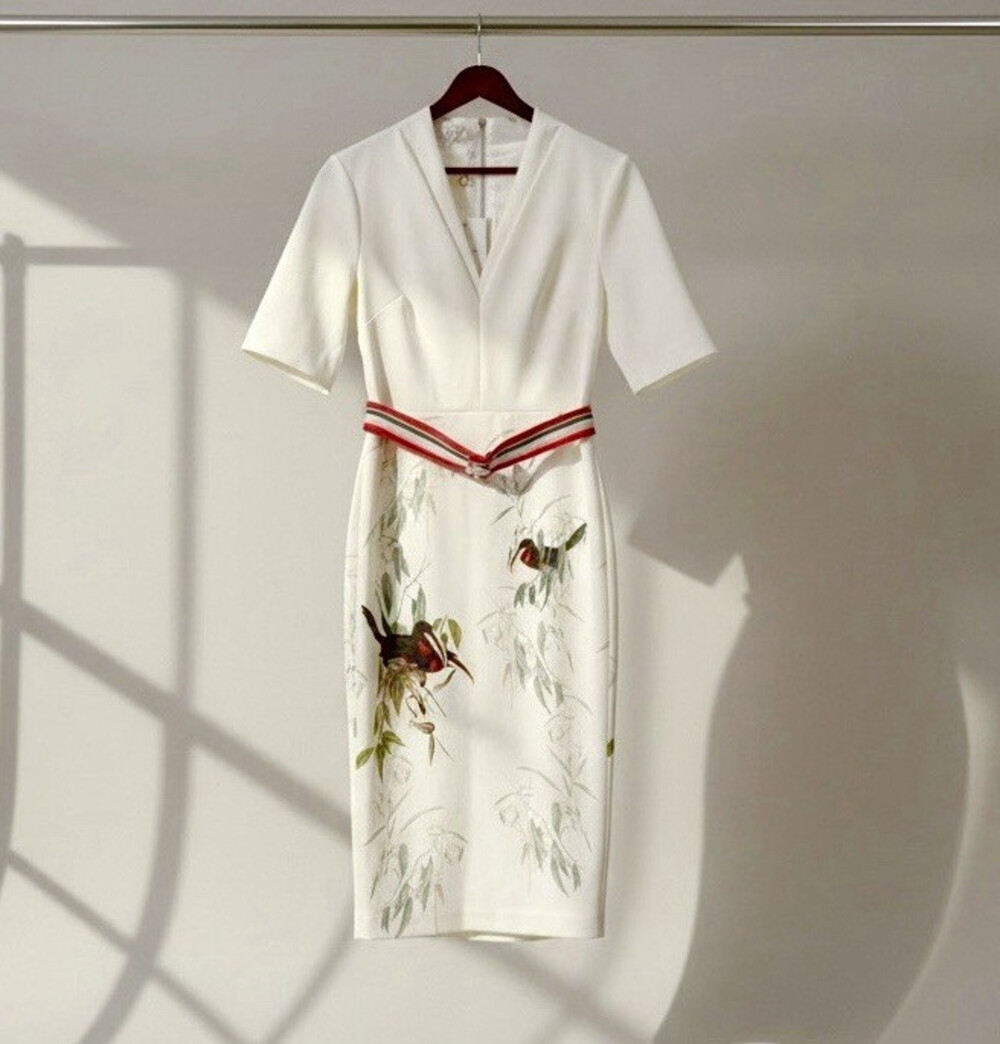 Ted Baker Molilo Tutti Frutti Bird V-Neck Short Sleeve  Midi Dress Size 1